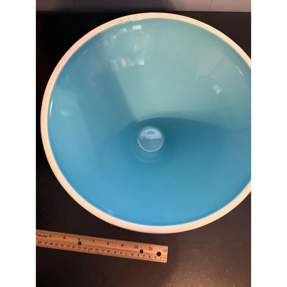 Turquoise Ceramic Pedestal Bowl Embossed Floral Geometric Centerpiece 10in